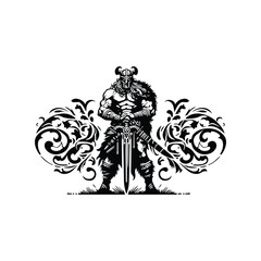 barbarian warrior with victorian flourish decoration in black and white illustrations, cutout graphic