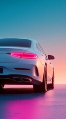 Obraz premium White Car With Pink Tail Lights at Sunset.