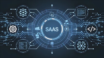 businessman pressing virtual button SAAS, Software as a service. cloud computing concept, cloud technology, Saas, Paas, Iaas. AWS Services