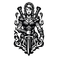 barbarian warrior female with victorian flourish decoration in black and white illustrations, cutout graphic