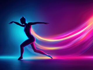 Silhouette of a dancer in motion with vibrant, flowing light trails against a dark gradient background, embodying energy and grace.