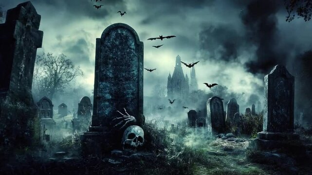 A spooky graveyard under a dark sky filled with bats and misty fog at night, creating an eerie atmosphere of suspense and mystery