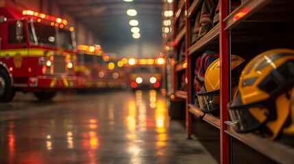 Firehouse with trucks and helmets, lights on, prepared for emergency deployment.