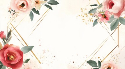 A wedding frame design featuring a combination of gold geometric lines and minimal floral accents, providing a modern yet elegant look for a wedding invitation.