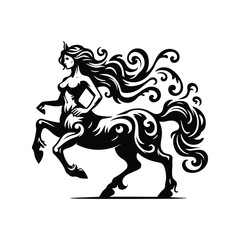 Centaur female warrior with victorian flourish decoration in black and white illustrations, cutout graphic black and white illustration