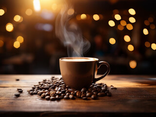 Obraz premium Roasted Coffee Beans on a Rustic Wooden Table Beautiful Wooden Table with Roasted Coffee Beans