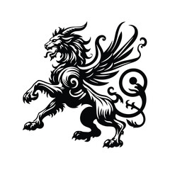 Chimera creature with victorian flourish decoration in black and white illustrations, cutout graphic