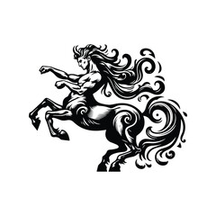 Centaur Male warrior with victorian flourish decoration in black and white illustrations, cutout graphic black and white illustration