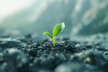 Young plant springing up out of the soil. The plant is small and has a lot of leaves. food security banner