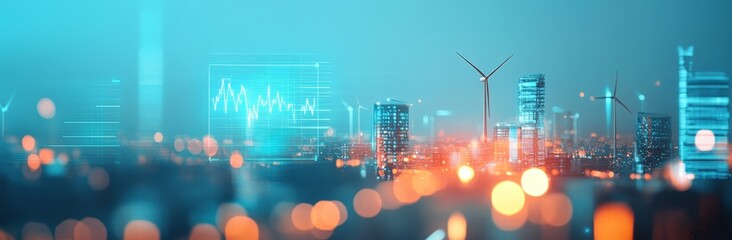 A futuristic cityscape with wind turbines and digital screens, representing the integration.	