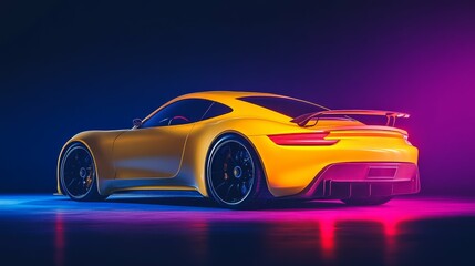 Obraz premium Yellow Sports Car with Neon Lights.