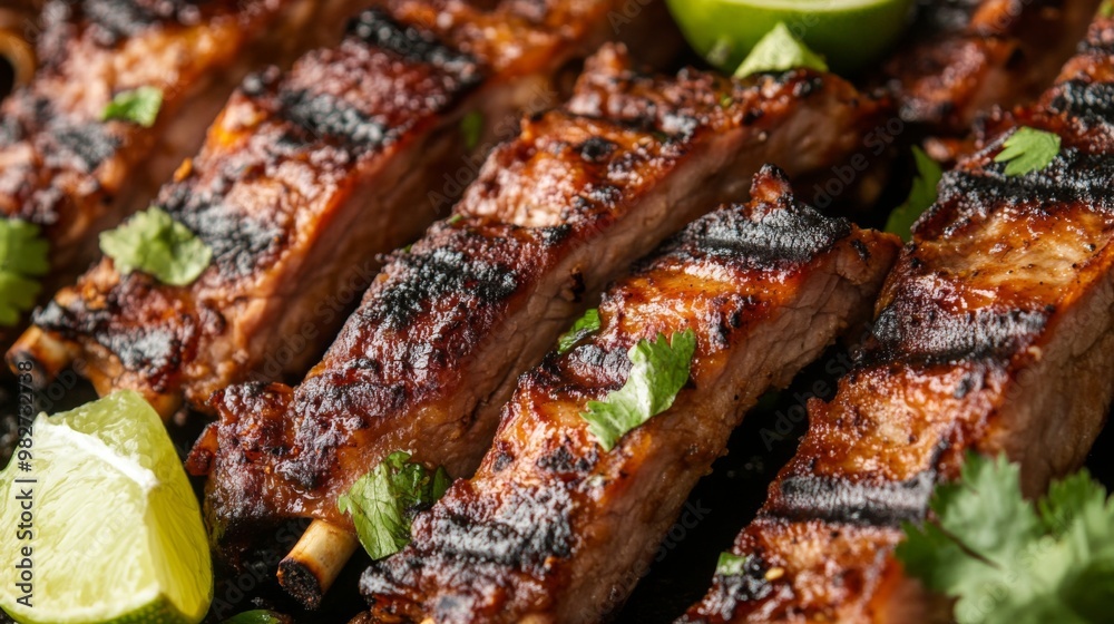 Canvas Prints a close-up shot of succulent grilled pork ribs with visible grill marks, the meat tender and juicy, 