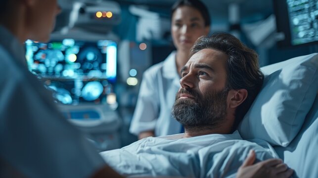 A patient lies in a hospital bed while medical staff monitors his condition on screens and offer support.