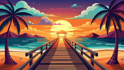 Naklejka premium Beautiful sunset on the wooden pier at the beach
