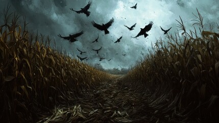 Crows flying over a suspenseful cornfield as the wind blows through the dry stalks, creating an unsettling scene at dusk, where every movement feels foreboding.