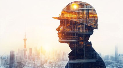 Engineering worker future industry double exposure city concept construction building city development planning innovation contractor technician architect city background
