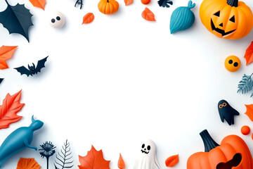 Colorful Halloween decorations framing a white isolated background.