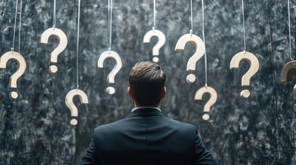 Businessman surrounded by large hanging question marks, representing the challenges of decision-making in a conceptual setting.