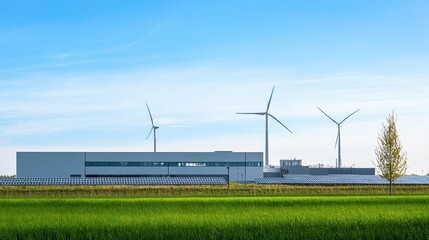 Modern Renewable Energy Plant with Wind Turbines and Solar Panels in Green Fields 