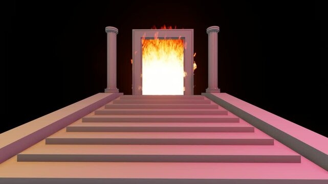 Animation of climbing stairs towards burning fire gate