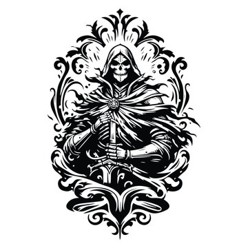 recommend clip art: death knight with victorian flourish decoration in black and white illustrations, cutout graphic