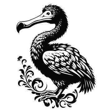 recommend clip art: Dodo with victorian flourish decoration in black and white illustrations, cutout graphic