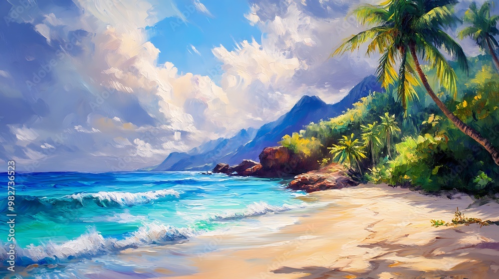 Wall mural A vibrant beach scene with palm trees, waves, and mountains under a bright sky.