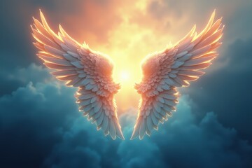 White Feathered Angel Wings Against a Cloudy Sky with Golden Light