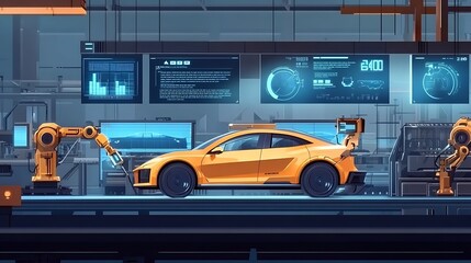 A futuristic orange sports car in a high-tech industrial setting with robotic arms and digital displays.