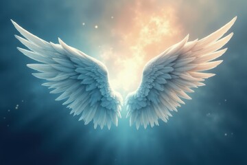 White Feathered Angel Wings Against a Blue and Orange Sky
