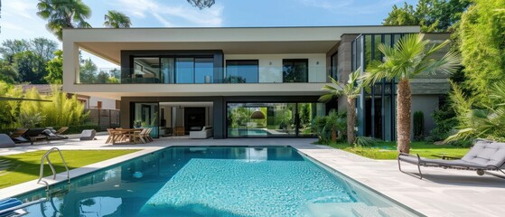 Fototapeta premium Modern villa with pool, view from the garden