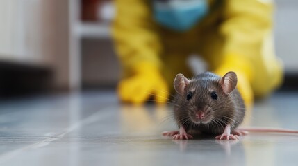 Close-up of a rat on the floor with a yellow-gloved pest control worker approaching in the background, emphasizing pest control.