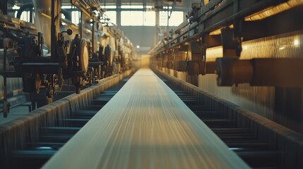 Naklejka premium In a textile manufacturing plant, large machines weave fabrics at high speed. The plant is a blend of traditional craftsmanship and modern technology, producing textiles for a variety of applications.