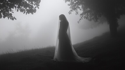 bride standing alone in the fog experiencing grief and emotional loss in a moment of solitude and heartache on a misty wedding day