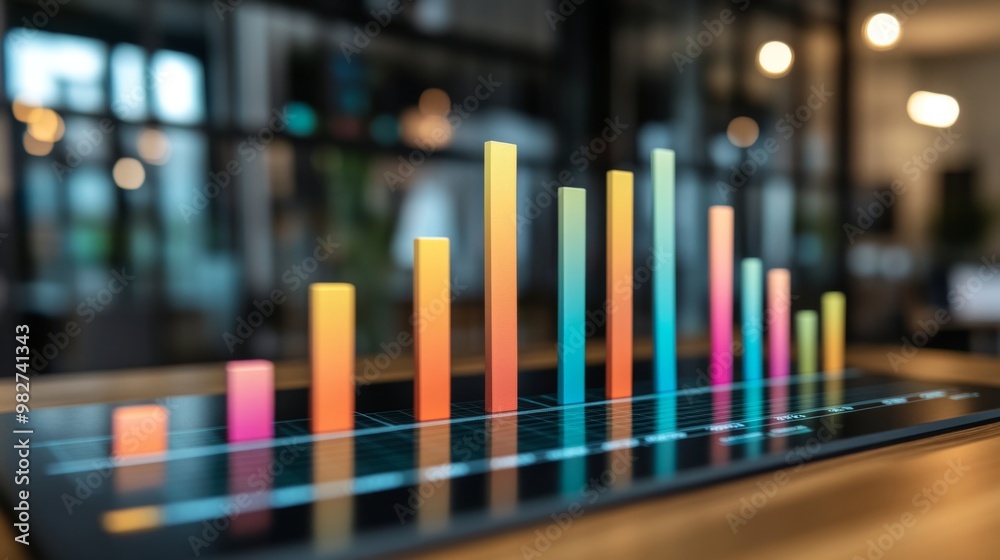 Fototapete A digital bar chart showing financial performance over time, with bars in various colors representing different metrics, set against a modern office background