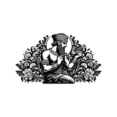 Obraz premium Gilgamesh with victorian flourish decoration in black and white illustrations, cutout graphic