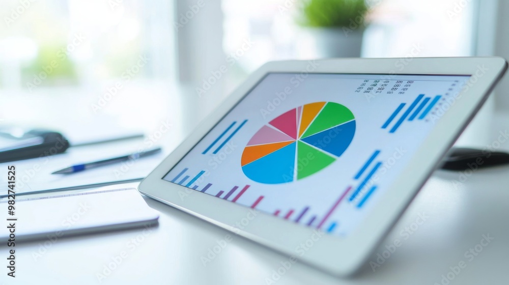 Poster a digital tablet displaying a detailed financial pie chart with various colored segments, set agains