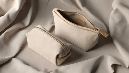 Detailed mock-up of a blank canvas pouch and cosmetic bag in 3D, with an isolated background of an empty fabric, linen or cotton purse.