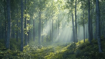 Render a 3D scene of a serene forest, with detailed trees, soft lighting, and a sense of peace and tranquility in nature.