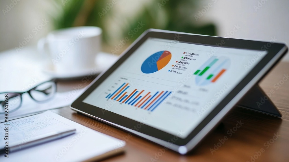Aufkleber a digital tablet displaying a detailed financial pie chart with various colored segments, set agains