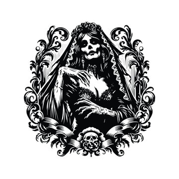 recommend clip art: gothic lady horror inside victorian flourish, in black and white illustrations, cutout graphic
