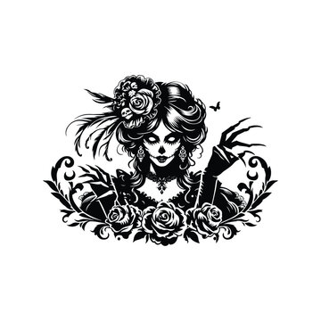 recommend clip art: gothic lady horror with victorian flourish decoration in black and white illustrations, cutout graphic
