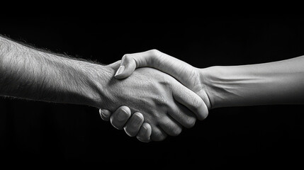 A black and white image of two hands engaging in a handshake, symbolizing agreement, partnership, or connection between individuals.
