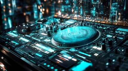 A futuristic 3D DJ setup with holographic soundwaves pulsing around it