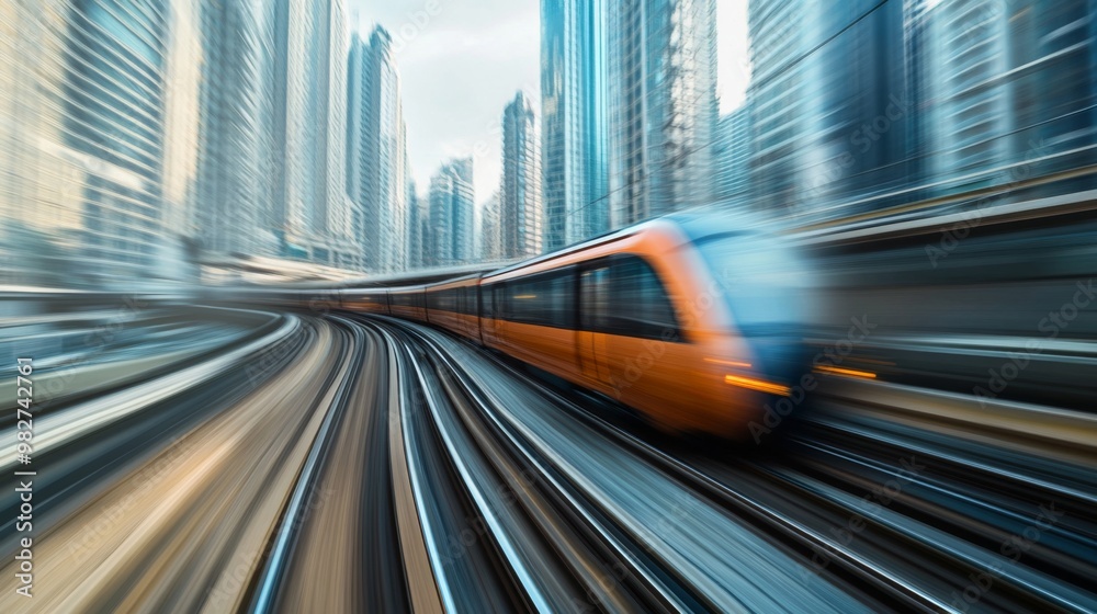 Aufkleber a dynamic shot of an electric train speeding through a cityscape, with motion blur effects highlight
