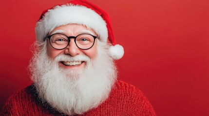 Naklejka premium Close-up of jolly Santa Claus with a white beard and glasses, smiling warmly on a red background, perfect for festive designs.