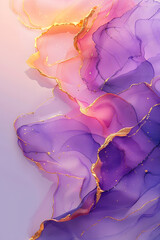 A detailed view of a purple and pink abstract painting featuring gold swirls reminiscent of petals and liquid shapes, evoking a sense of plant life and the colors of a vivid violet sky