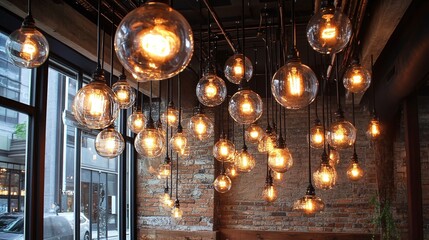 multiple light bulbs hanging in a stylish arrangement from the ceiling providing bright and modern illumination in a contemporary interior design