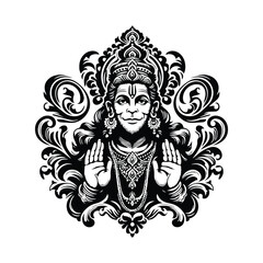 hanuman hindu god with victorian flourish decoration in black and white illustrations, cutout graphic