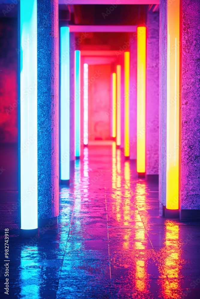 Wall mural neon lights illuminate a hallway